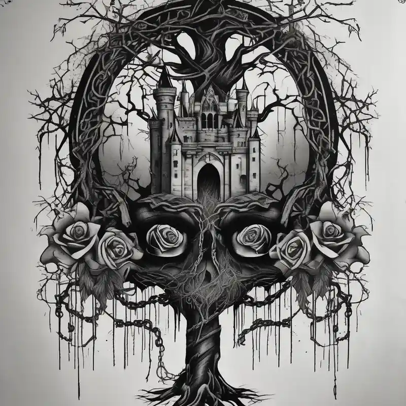 tattoo fool sleeve, dark gothic castle, tree roots break out of the chains, broken mask, girl, roses glitter tattoo – Blackwork, Noir et blanc